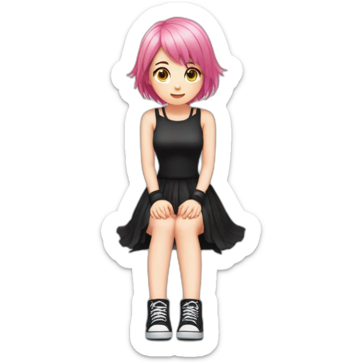 Full body Front view curvy emo girl pink hair sits on the floor straight view hands up black skirt белые трусики полосатые рваные чулки sticker