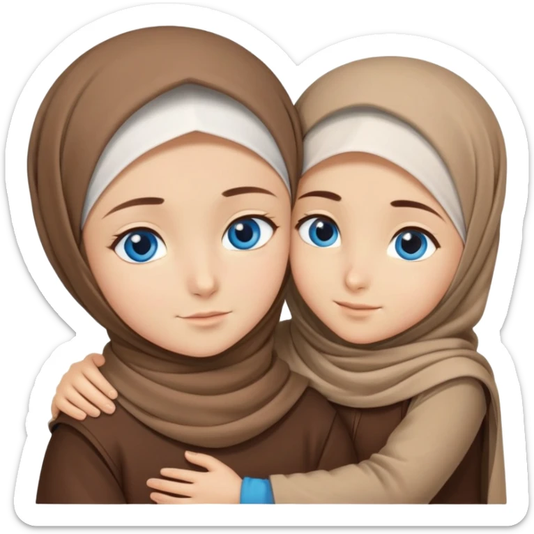 Turkish beautiful finish Konya girl blue eyes with brown beige hijab islamic dress and hugs with big boy brother  sticker