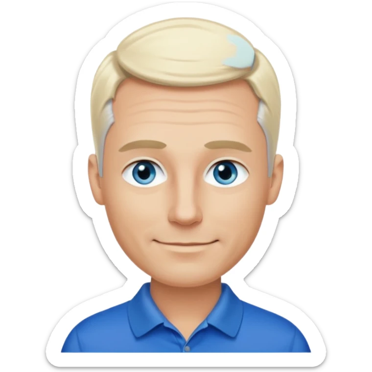 Avatar pic male 35 years old gray hair blue eyes clean shaven blonde eyebrows high cheekbones sly smile long eyelashes wearing a black golf shirt sticker