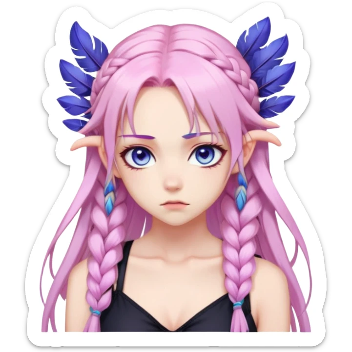 Gorgeous beautiful pretty anime lady long-pale-pastel-pink-hair with one braid on each side, grumpy expression, purple-pink feather-ear-cuffs in hair, black bodysuit, blue eyes, pink iris, ethereal, fashion aesthetic  sticker