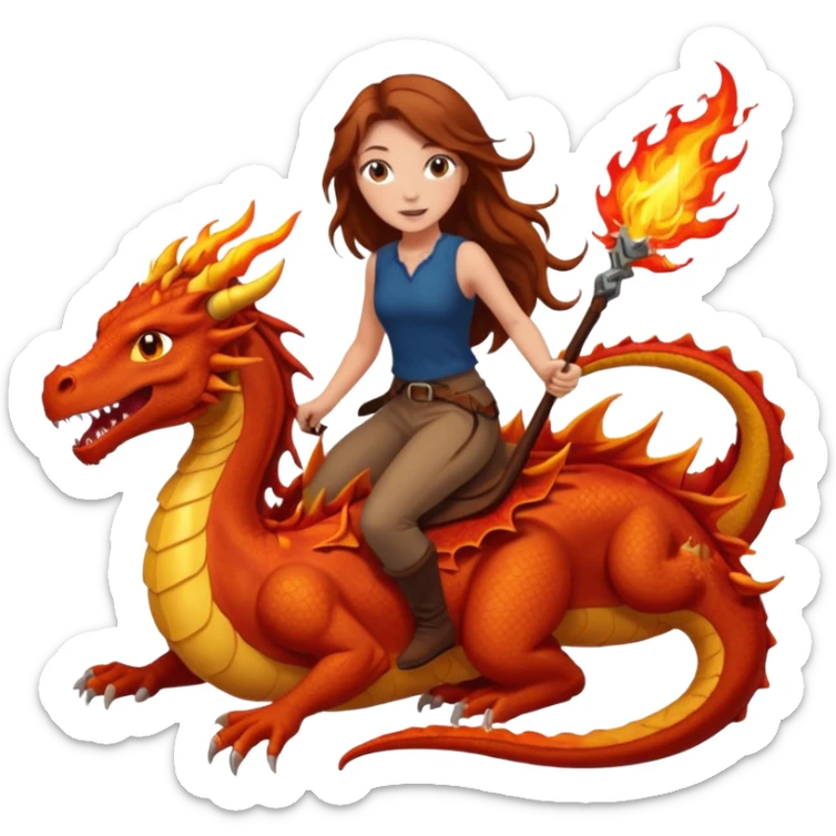 white girl with long brown hair and freckles riding a dragon breathing fire sticker