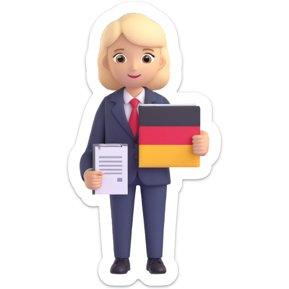 person in business attire holding an official document, with German flag colors, for a citizenship app icon, 3D style sticker