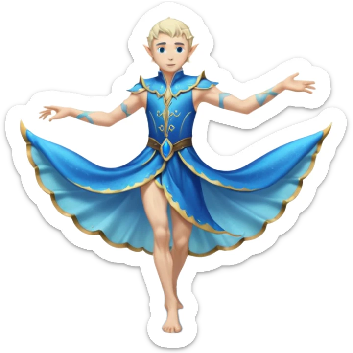 elf male dancer with water-like dress, graceful pose on wet sand, splashes, pointy ears, serene expression, centered emoji, ethereal blue colors sticker