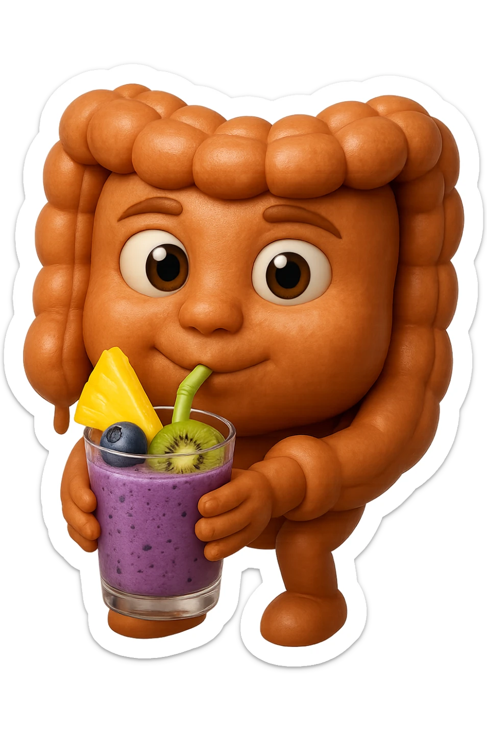 EMOJI STILE IPHONE DI un intestino umano anatomico che beve un frullato di mirtilli, ananas, kiwi, fagli anche la parte bianca degli occhi, non solo le pupille, REALISTICo 4K sticker