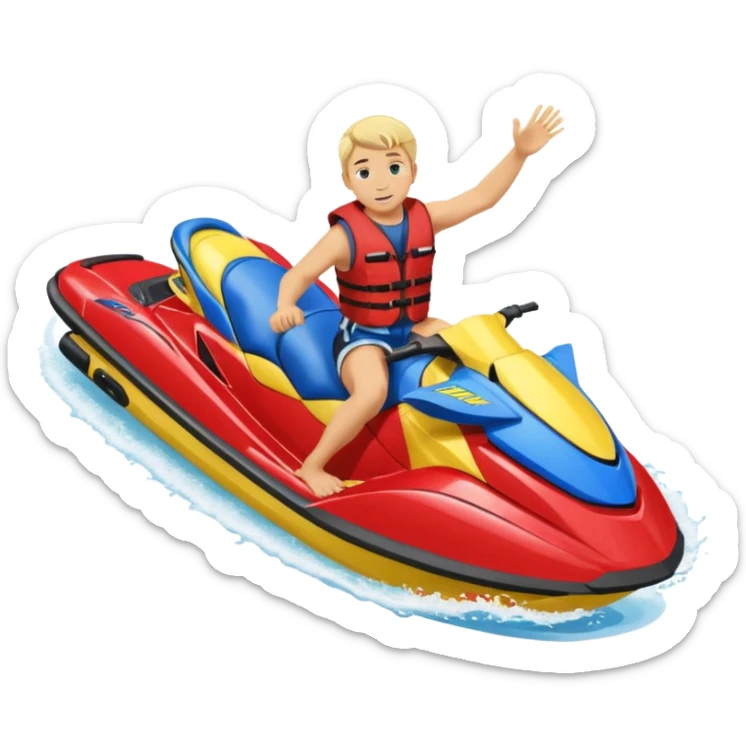 Bad boy  blonde hair with a red live west on the  blue yellow JetSki doing a back flip sticker