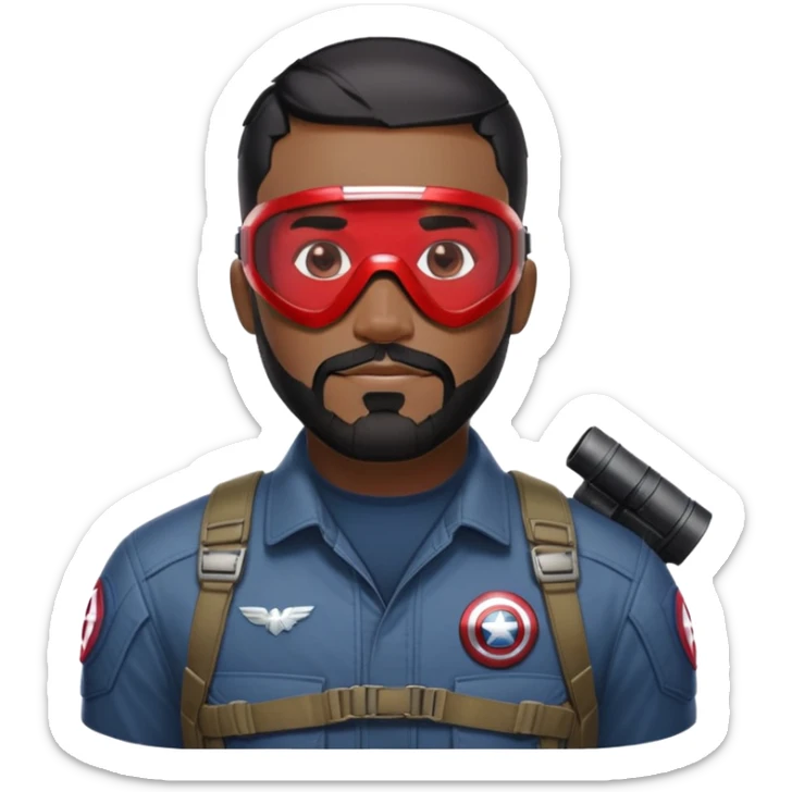 sam wilson have a short, neatly cropped black hair. It is evenly trimmed and close to the scalp, maintaining a clean and military-inspired and  a well-groomed beard that connects to his mustache,  wear sleek, red-tinted tactical goggles fit snugly from captain america: civil war sticker