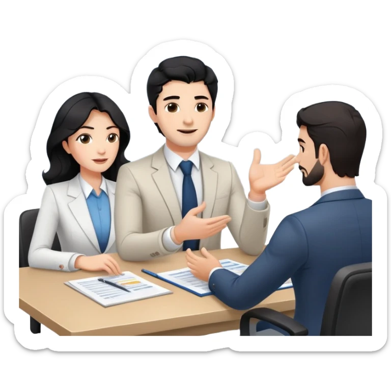 Professional 35-year-old business consultant with black wavy hair, stubble, strong jawline, white skin tone, wearing smart casual business attire, sitting at a table with clients, gesturing confidently while explaining a business strategy sticker