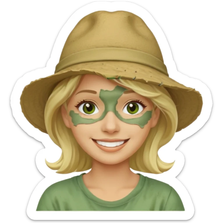 messy green clay mask and tourist hat blond woman  smiling and clay mask on full face sticker