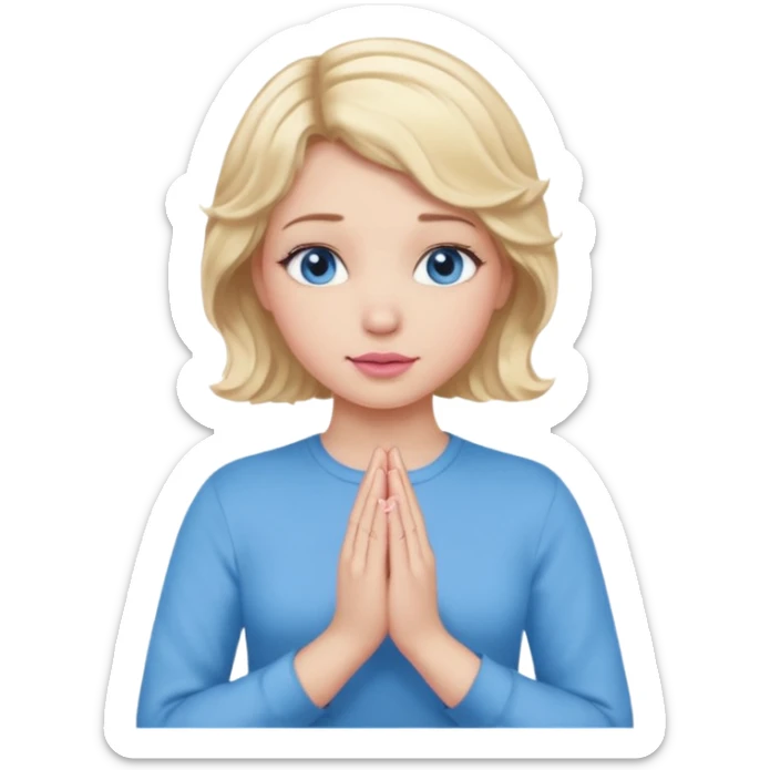 Girl Blonde short wavy hair,  blue eyes, cute blue top, long lashes, pink lips, praying hands sticker
