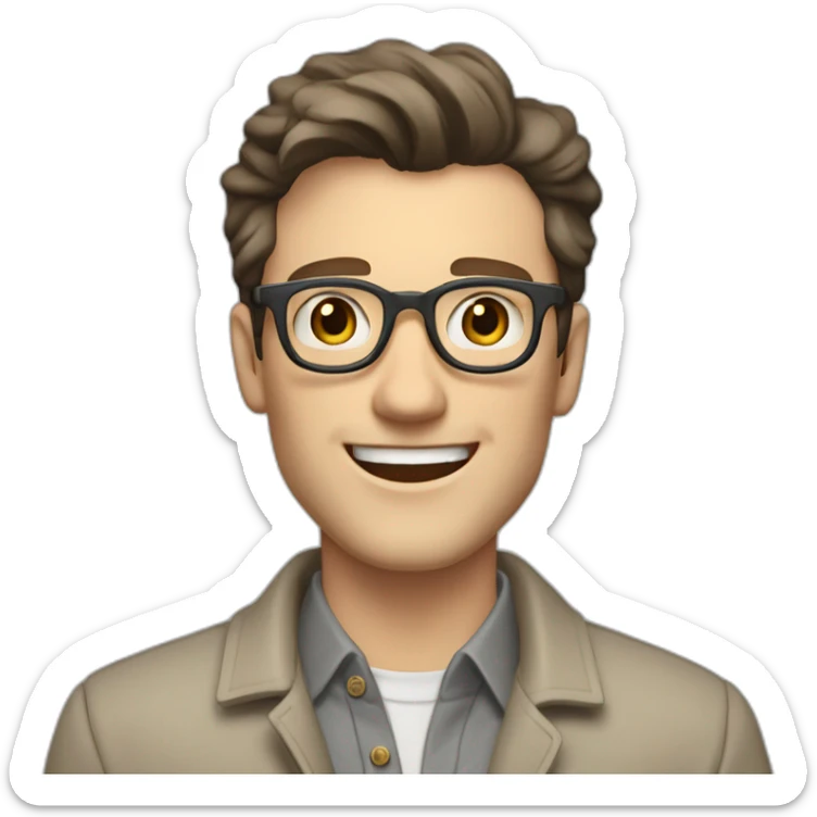 Joyful Pale skinned Fit Man With dark brown hair in gray jacket, beige office shirt, Brown pants and vintage glasses. His thrumbs up sticker