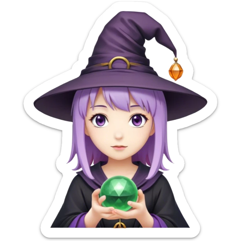 anime girl with lilac hair in a witch hat holding a fortune ball sticker