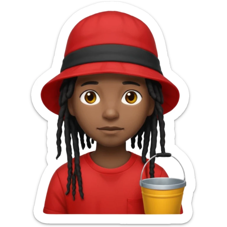 dark brown skin, black hair dreadlocks, wear red t-shirt, black bucket hat sticker