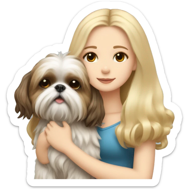 human girl with long wavy blonde hair hugging a brunette colored shih tzu girl with bow sticker