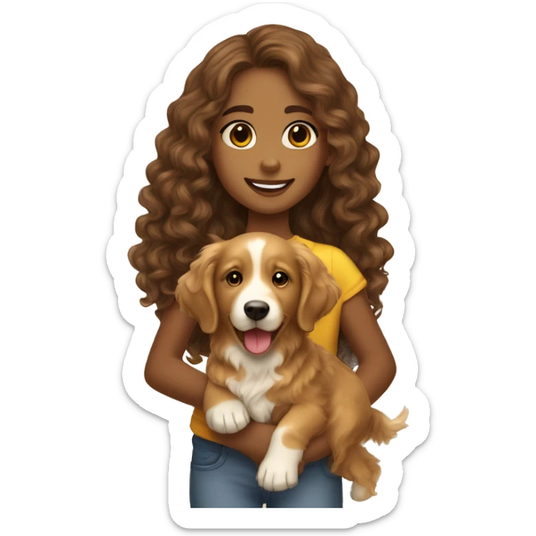 Tan skinned girl with  long brown curly hair with a golden retriever puppy sticker