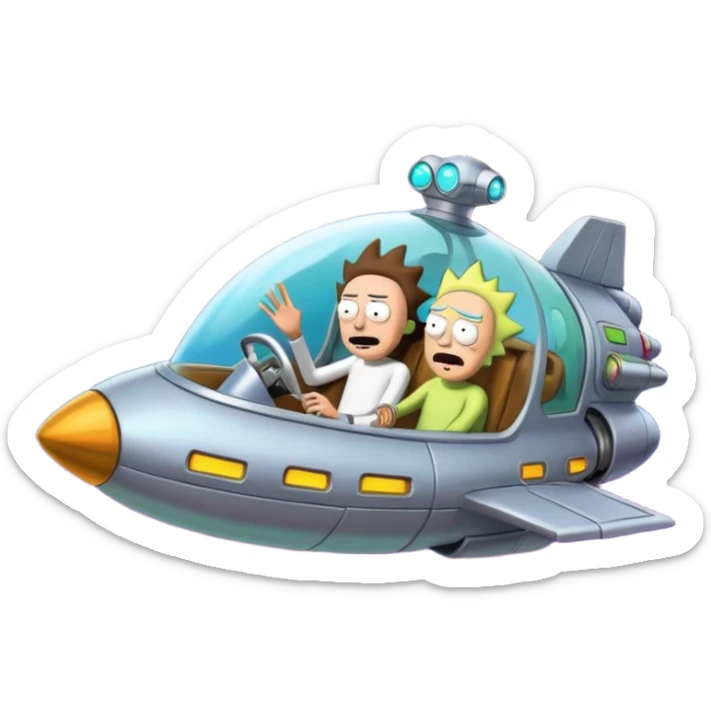 Hot rod Rick and Morty flying in a spaceship to the citadel of Ricks  sticker