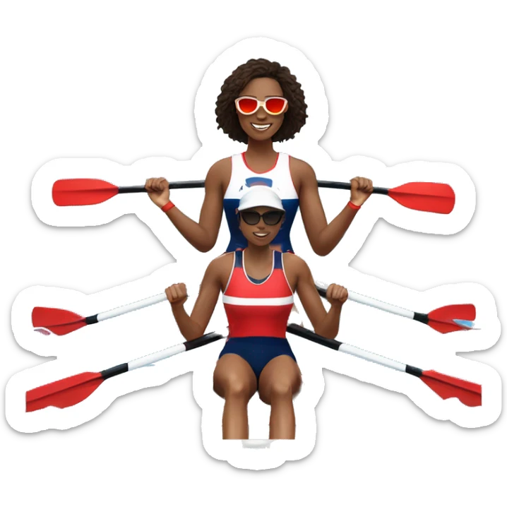 2 female rowers, one Caucasian, one African American, rowing in a 2x with red white and blue jersey, red white and blue oars, and one rower wearing sunglasses  sticker