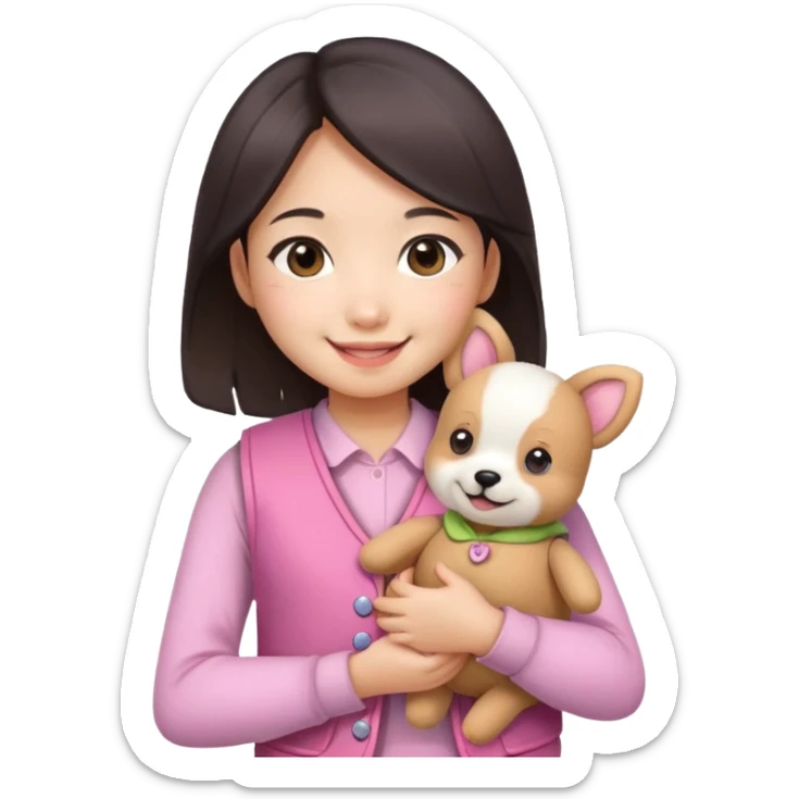 A beautiful Asian girl, fair complexion, wearing a pink vest, holding a little teddy dog in her arms sticker