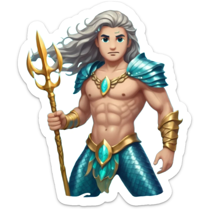 portrait of a muscular merman warrior with dark aqua scales, silver armor pieces on shoulders and arms, holding a glowing trident, stern expression, long flowing hair, underwater battle stance sticker