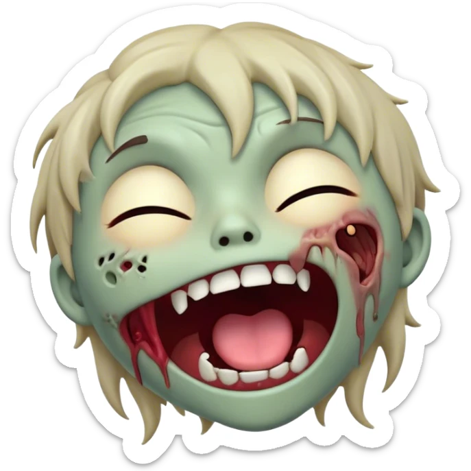 Cinematic Cute Yawning Zombie Portrait Emoji, with a delightfully quirky, slightly disheveled face in muted ashen tones, head tilted back in a big, funny yawn that reveals quirky stitches and playful gaps, simplified yet irresistibly charming, highly detailed with a soft, eerie glowing outline capturing the sleepy, offbeat vibe of a zombie taking a nap! sticker