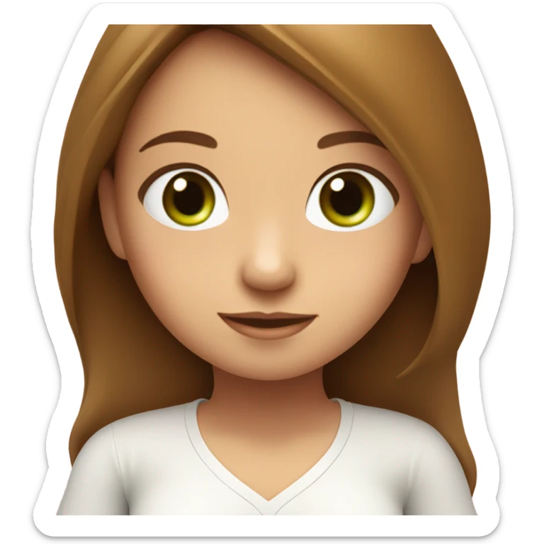 A girl with brown long hair, fair skin and green eyes is sitting in a lotus position in a white top and pink skirts sticker