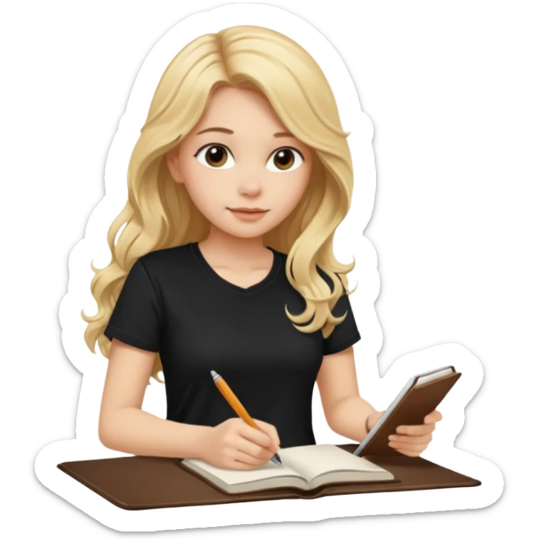 A beautiful blonde with long wavy hair in a black T-shirt sits and writes in a diary with a brown pen. sticker