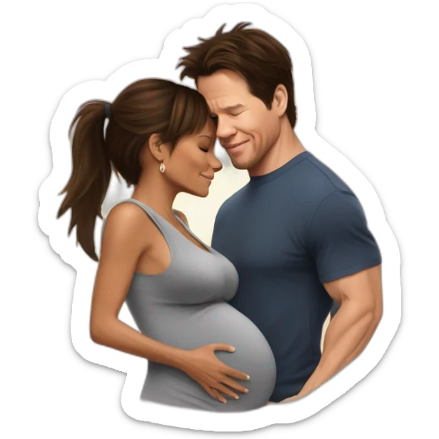 Pregnant mark Wahlberg being hugged by non pregnant Halle berry sticker