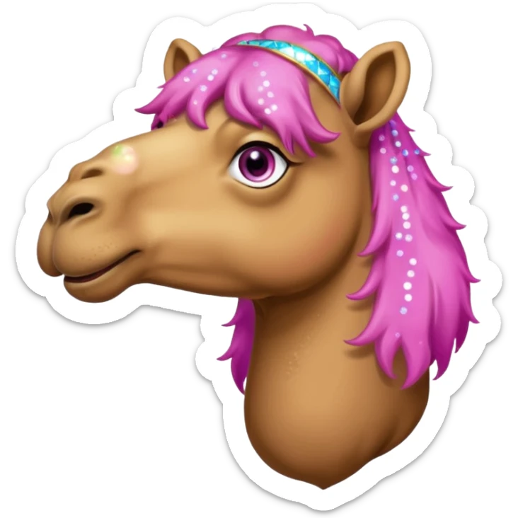 Camel with toes on his hoofs and pink beard that comes out of his chin with sparkle eyes facing forward sticker