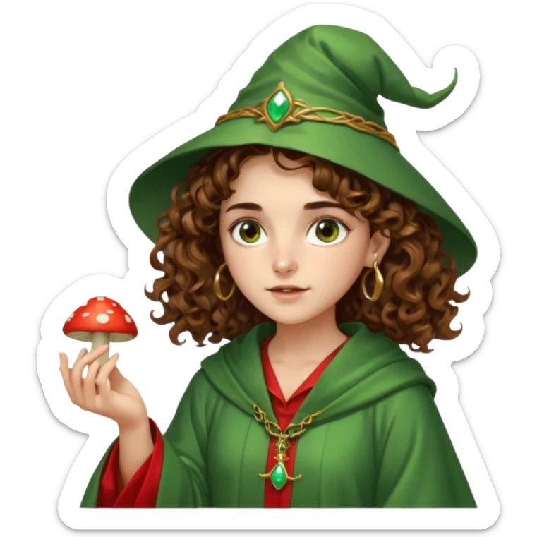 very beautiful italian girl, looking like Emma Watson, with curly and big volume very bright brown hair, and a golden piercing ring in nose on left side, dressed in a beautiful wizard robe of green colors, holding red fly mushroom sticker