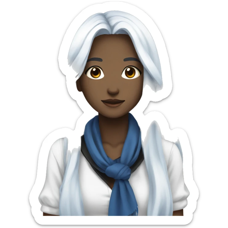 A beautiful anime girl with long, flowing silver hair is wearing a white shirt with a black collar and a blue scarf.  sticker