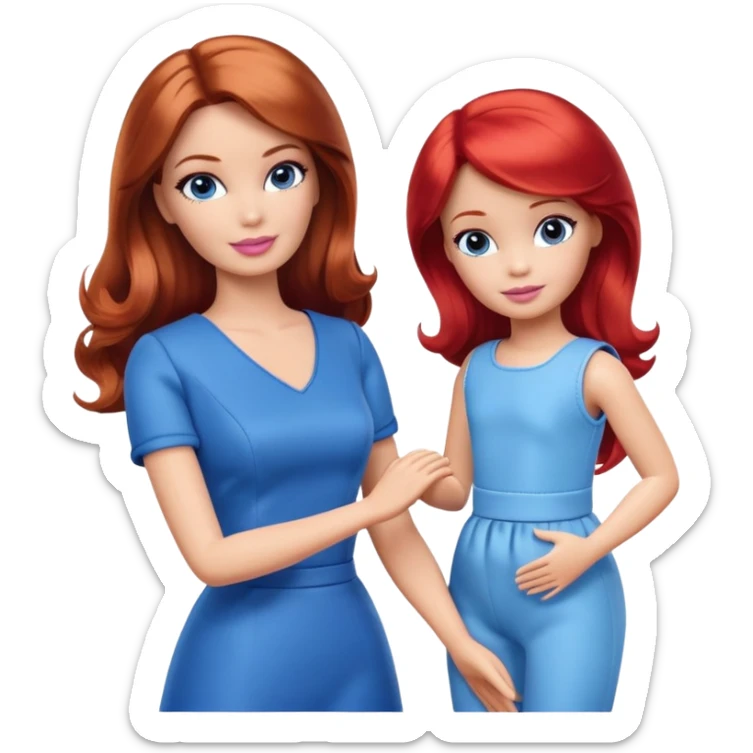 A barbie girl with makeup with brown hair with a baby, a daughter, a girl with red hair, holding her hand in blue clothes sticker