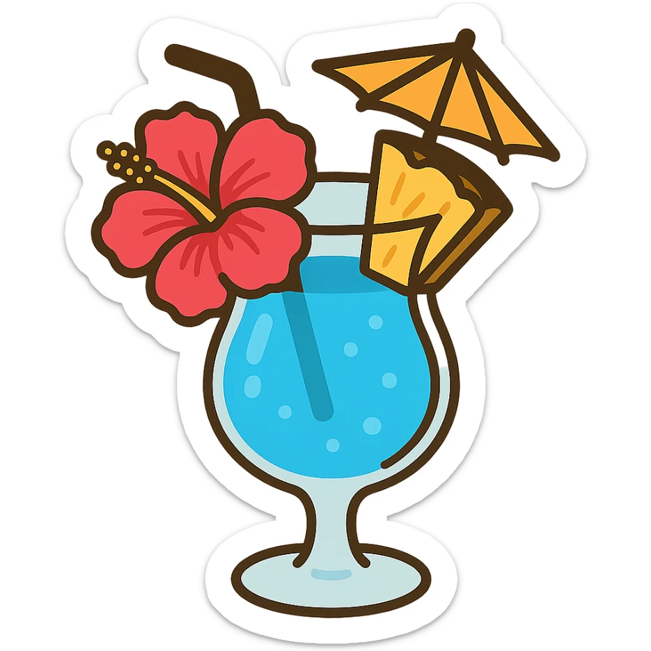 blue tropical cocktail with hibiscus, pineapple, and paper umbrella garnishes, flat toon style sticker