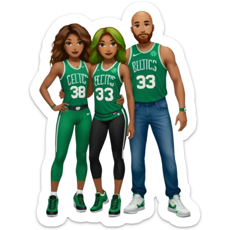 black woman & white man: 48-year-old black woman with Brown eyes, long dark brown balayage hair dressed in sexy 
celtics jersey costume outfit and stilettos with bald white man with Ginger orange face hair beard, Blue eyes, in a Jason Tatum Boston Celtics Jersey, jeans and matching Nike sneakers  sticker