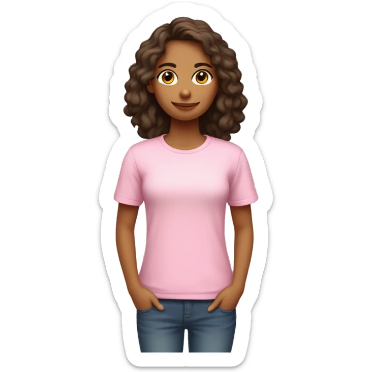 Chica delgada piel blanca, pelo marrón liso hasta los hombros con camiseta rosa claro sticker