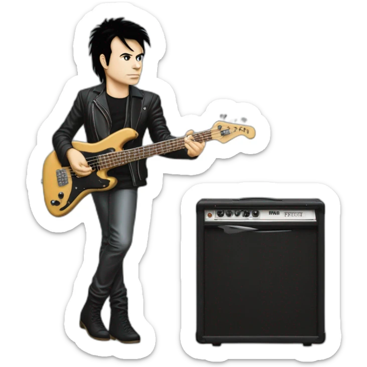 photo realistic, full body, Gary Numan in 1979, playing, Yamaha black bass guitar, standing up, front view sticker