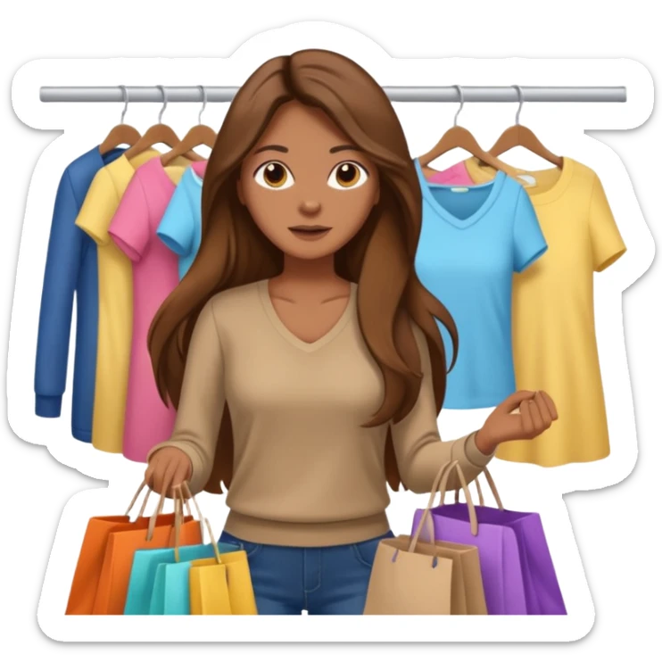 woman with brown long hair buys clothes in a store, shopping vibe sticker