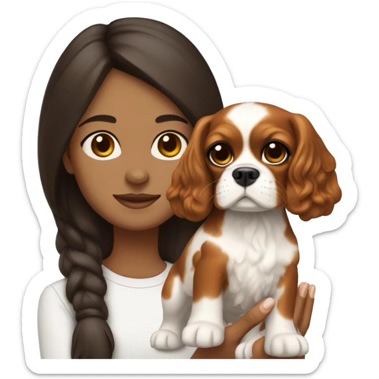 Brunette girl with white skin holding a tricolour cavalier king charles spaniel  sticker