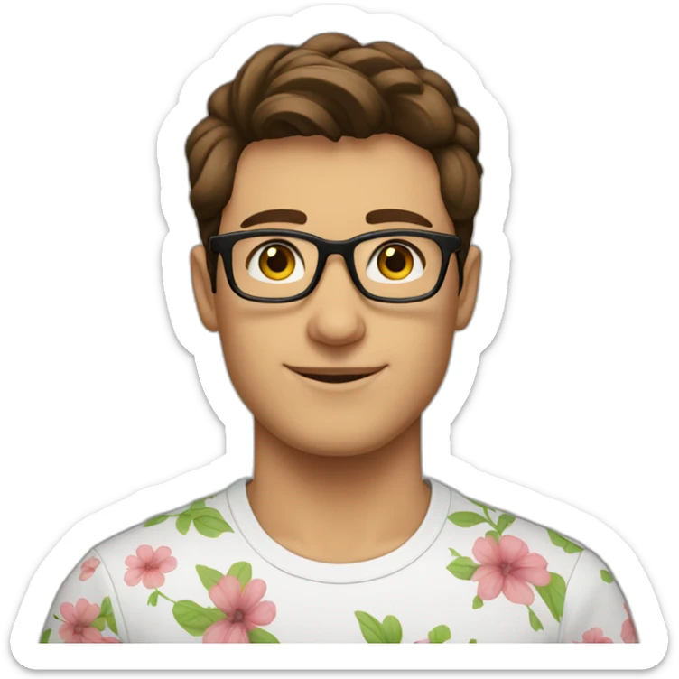 brown hair up guy wearing glasses and black t-shirt with flower print sticker