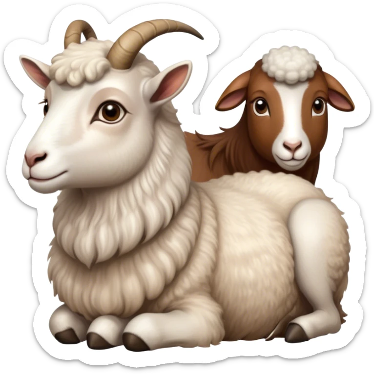 Portrait collage of domestic hooved animals: A calm goat with soft fur, a fluffy sheep with large eyes, and a noble horse with a shiny coat. Soft green meadow and distant hills in the background. Transparent background. sticker