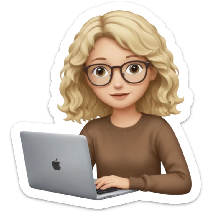 blonde girl with dark blonde wavy hair, pantos-style glasses, a brown sweater, sitting with a laptop, soft pastel colors, upper body shot sticker