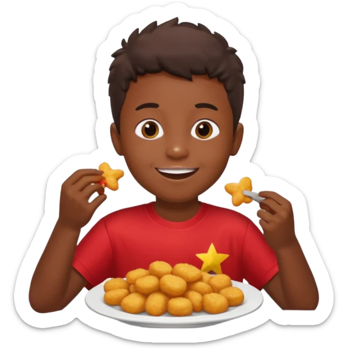 A boy with dark skin wearing a red and yellow t-shirt, eating star-shaped chicken nuggets with ketchup sauce. sticker