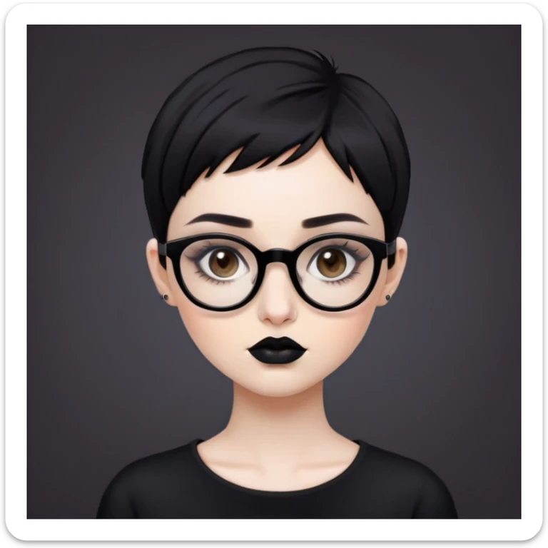 Girl with palw skin, with short black pixi hair cut, brown eyes with eyeliner, dark brown eyebrows, black lips, with big black squadre glasses, septum at nose, black clothes. sticker
