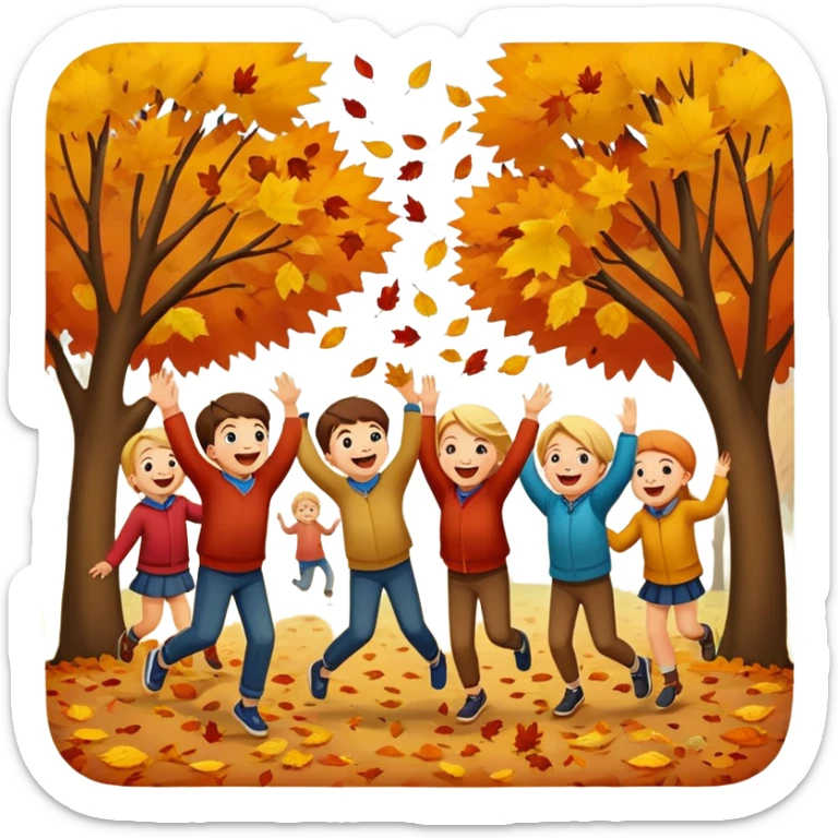 group of kids playing and tossing leaves in the air, autumn background sticker