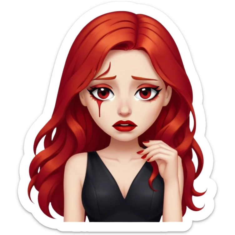 a crying woman with long red hair and red eyes. The woman wear a black little cutted dress. She have red lipstick and she have a seductive look. She cryed tears  sticker