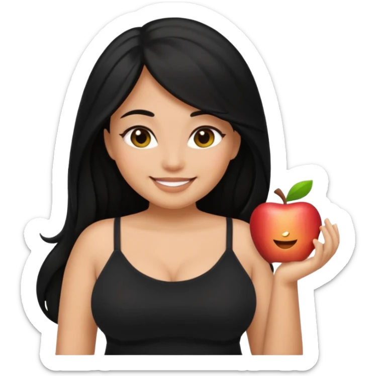 apple-style emoji of a dusky-skinned girl, curvy, long black hair, black cami top, pretty face sticker
