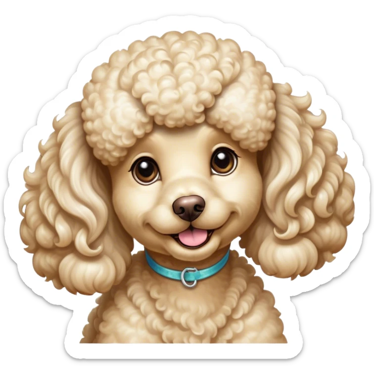 Cinematic Cute Cream Poodle Portrait Emoji, Head tilted playfully and inquisitively, showcasing a bouncy, curly cream Fur with a luminous sheen, round, sparkling warm eyes filled with curiosity, Simplified yet irresistibly adorable features, highly detailed, glowing with a warm, friendly glow, high shine, affectionate and lively, stylized with a touch of whimsy, bright and endearing, soft glowing outline, capturing the essence of a mischievous yet loving companion, so playful it feels like it could bounce out of the screen and into your arms! sticker