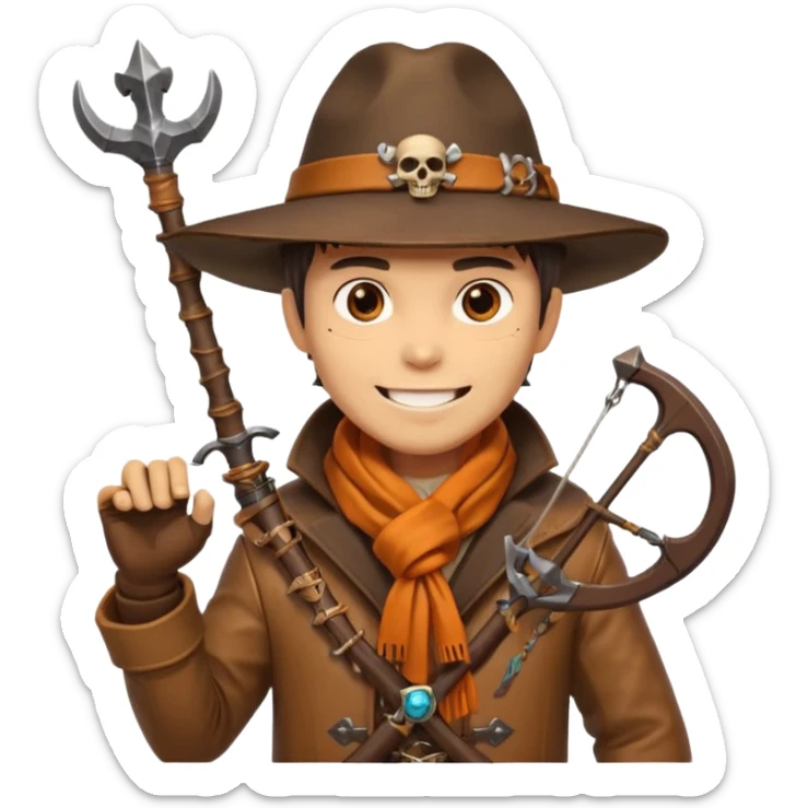 male human monster hunter emoji, wearing brown leather coat and wide hat, holding crossbow, with amulet shaped like skull, Halloween fantasy theme, confident smile, orange scarf, Apple emoji style, clean white background, square image sticker