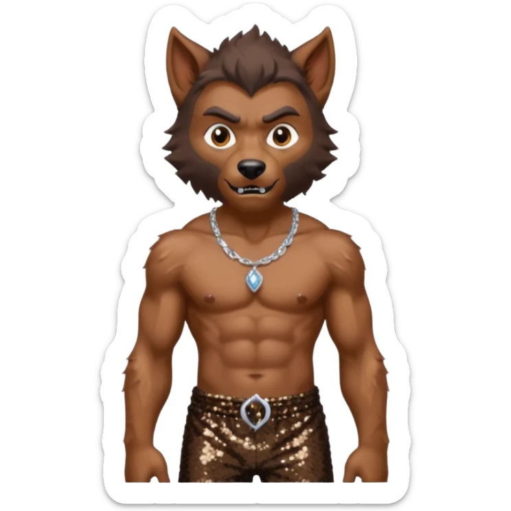Werewolf with brown fur, dark brown sequin baggy pants, shirtless with necklace sticker