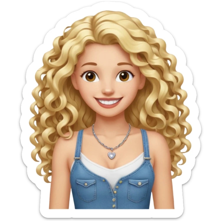 cheerful white girl with long blond curly hair with hairgrip, fit slim with some muscle definition, dressed in jeans and white strappy t-shirt, wearing necklace, big white smile sticker