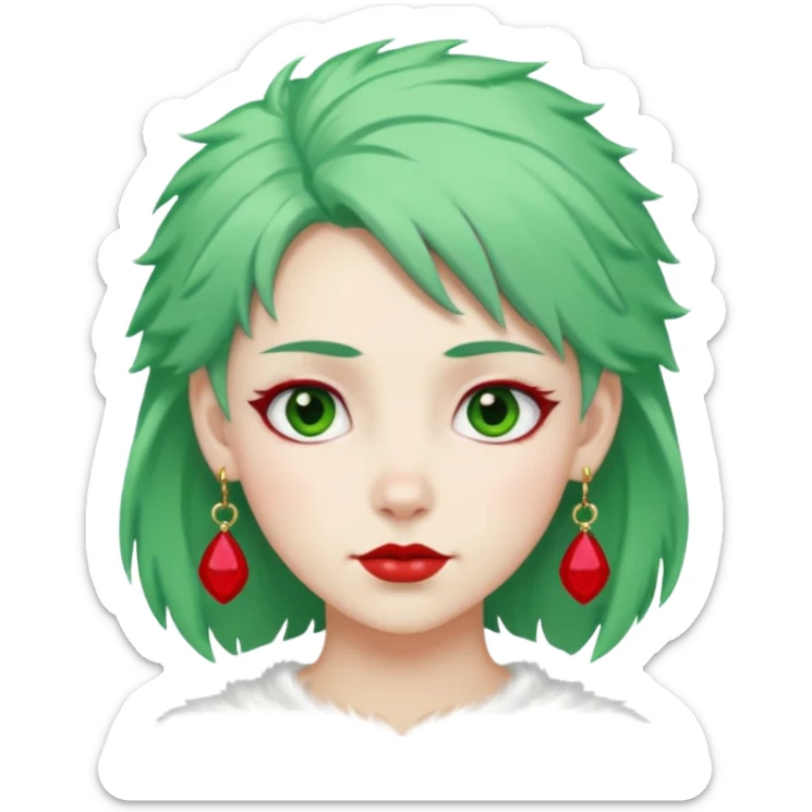 white furred unicorn with green hair and big red earrings looking into camera sticker