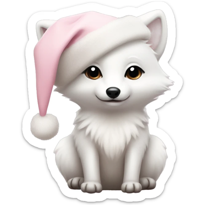 baby polar fox with a pale pink christmas hat sticker